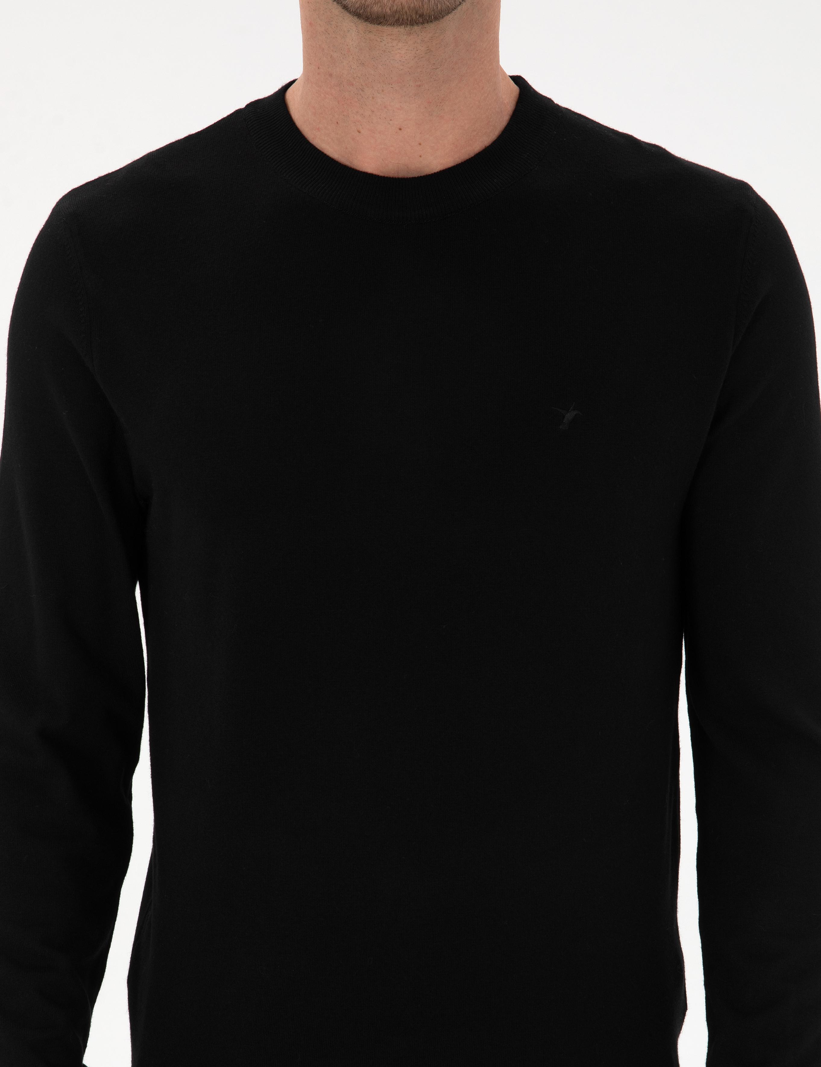 Siyah Slim Fit Yün Karışımlı Bisiklet Yaka Triko Kazak - 50311876019