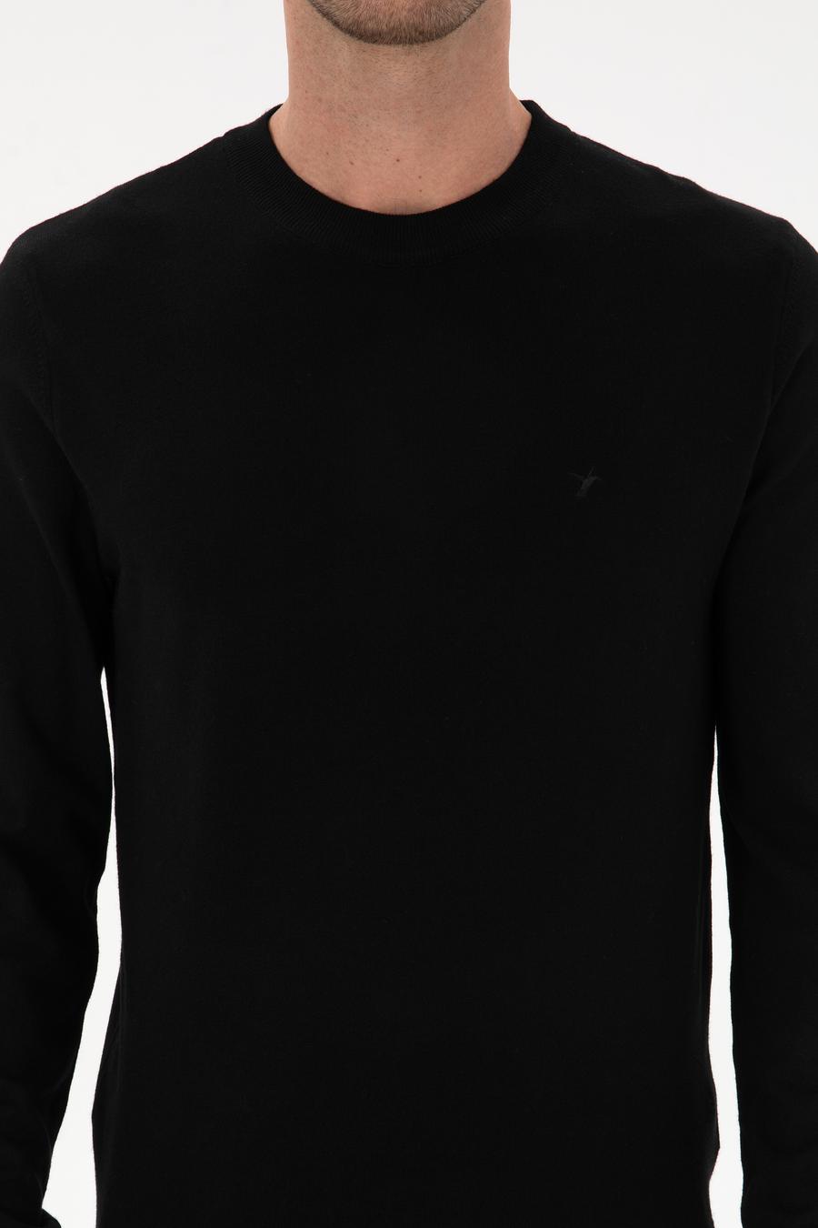 Siyah Slim Fit Yün Karışımlı Bisiklet Yaka Triko Kazak - 50311876019