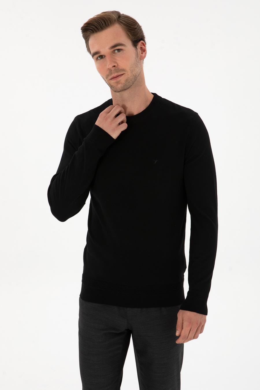 Siyah Slim Fit Yün Karışımlı Bisiklet Yaka Triko Kazak - 50311876019