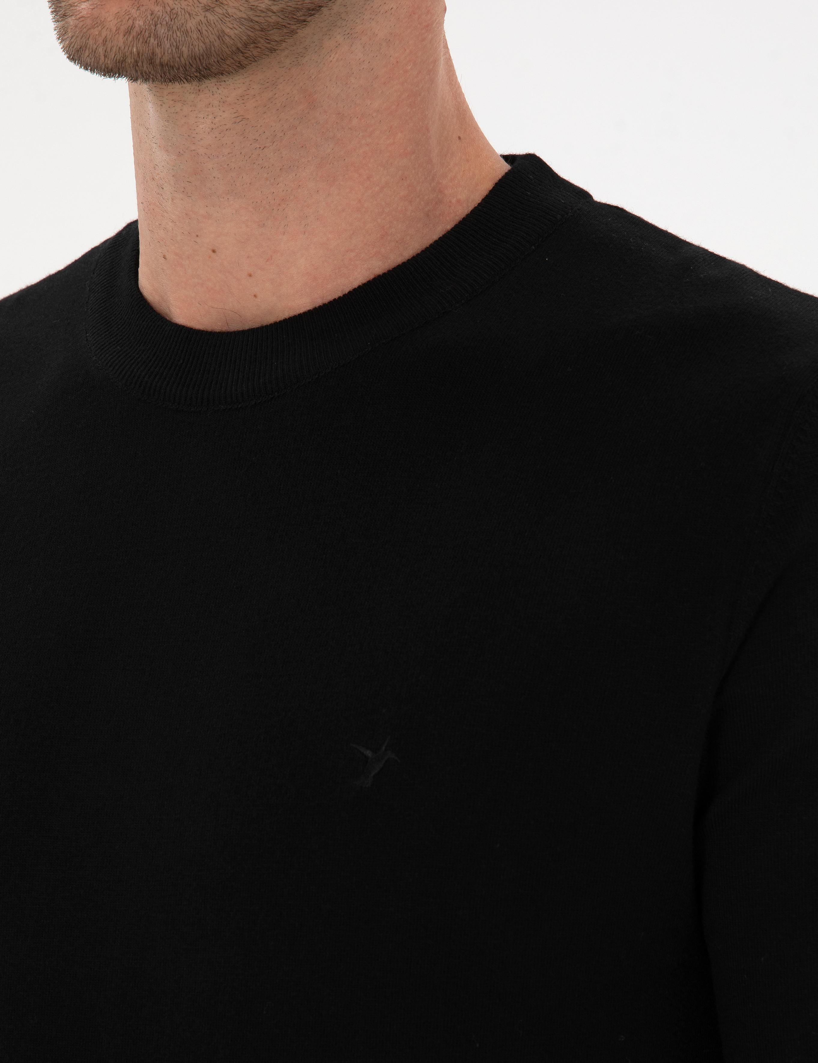 Siyah Slim Fit Yün Karışımlı Bisiklet Yaka Triko Kazak - 50311876019