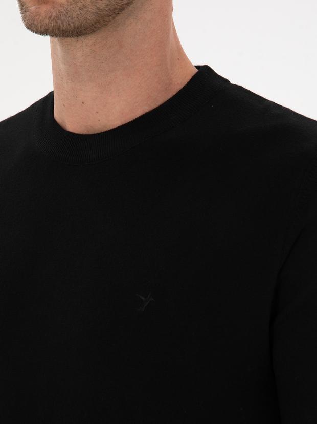 Siyah Slim Fit Yün Karışımlı Bisiklet Yaka Triko Kazak