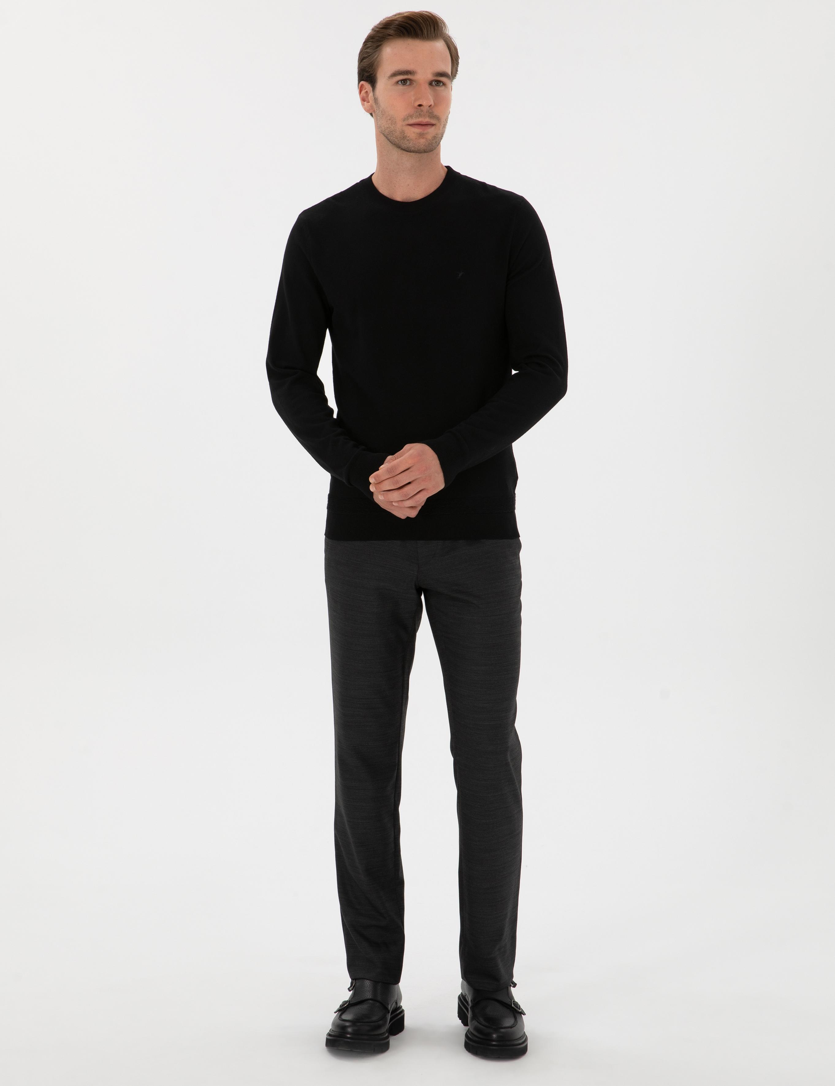 Siyah Slim Fit Yün Karışımlı Bisiklet Yaka Triko Kazak - 50311876019