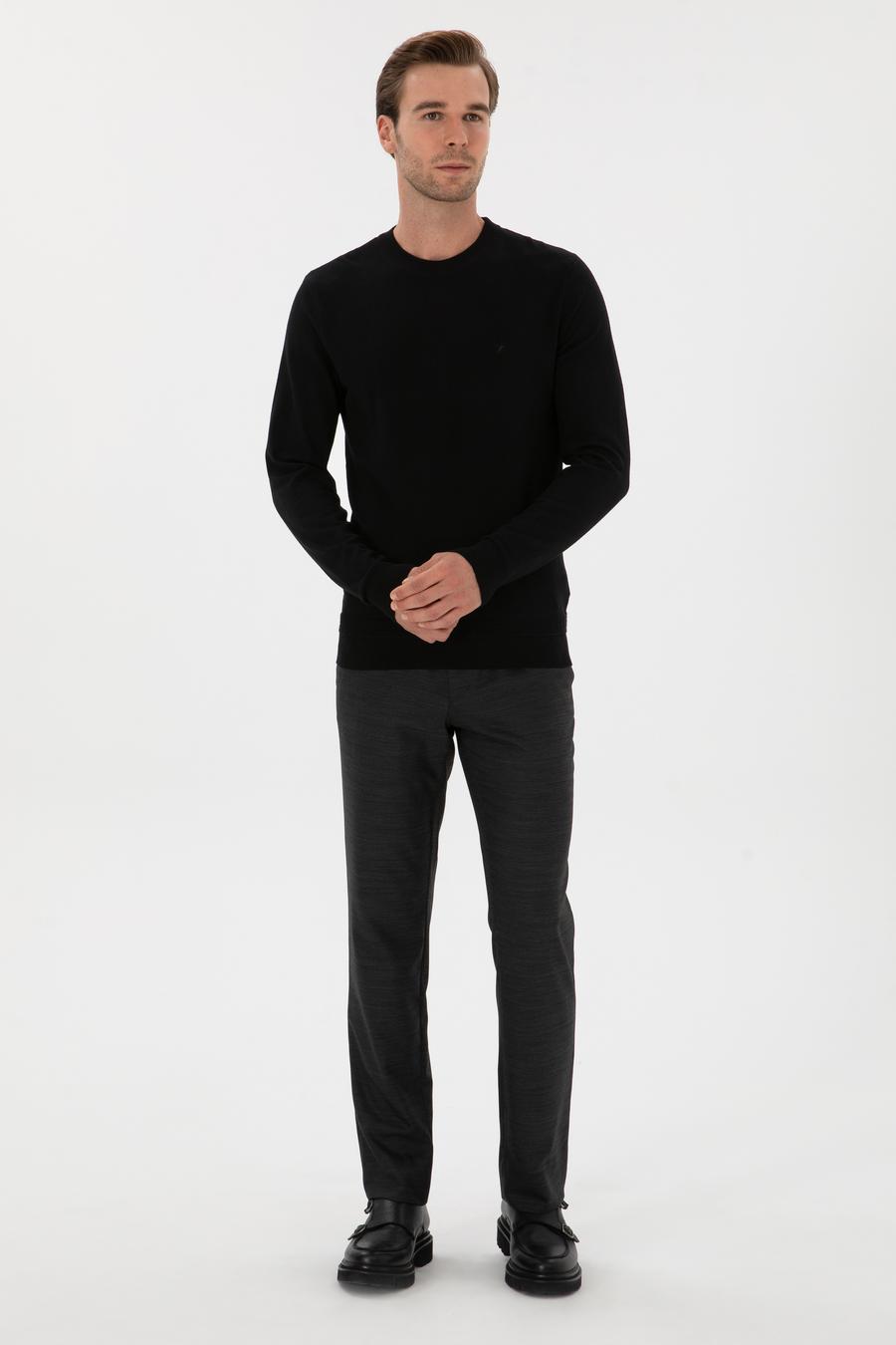 Siyah Slim Fit Yün Karışımlı Bisiklet Yaka Triko Kazak - 50311876019