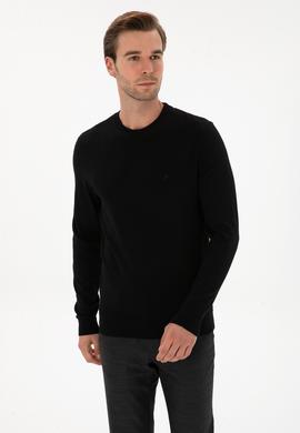 Siyah Slim Fit Yün Karışımlı Bisiklet Yaka Triko Kazak