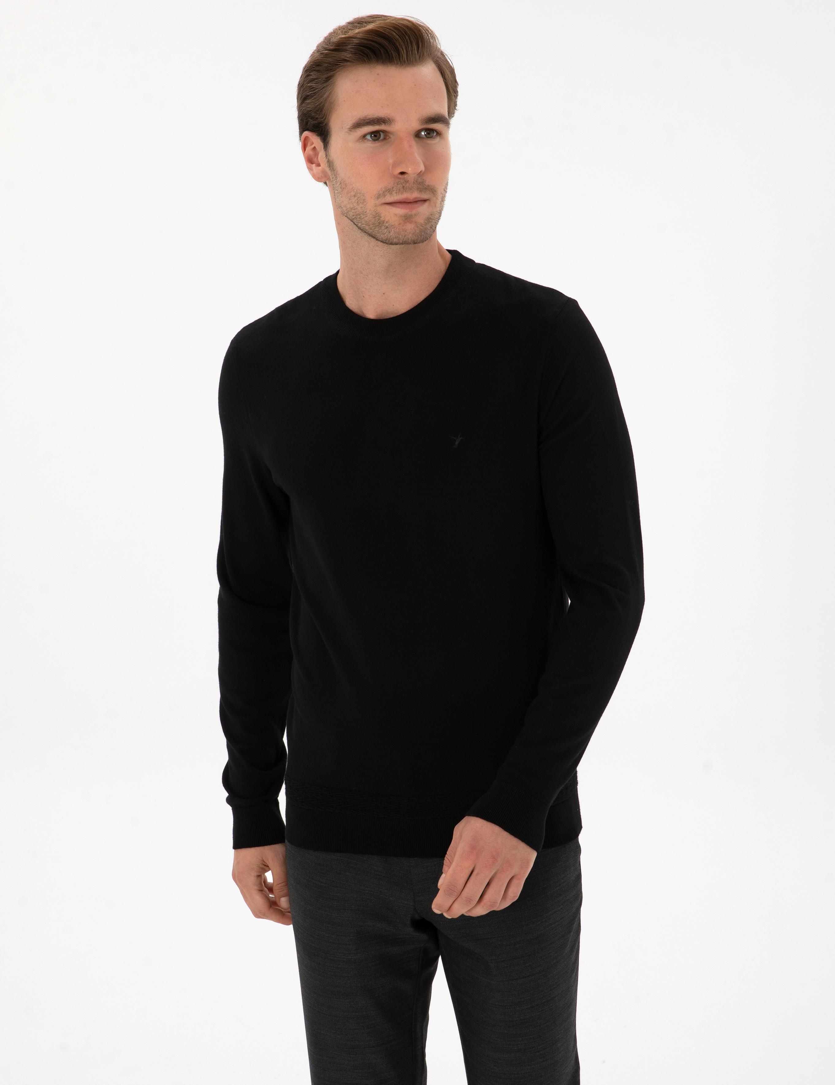 Siyah Slim Fit Yün Karışımlı Bisiklet Yaka Triko Kazak - 50311876019