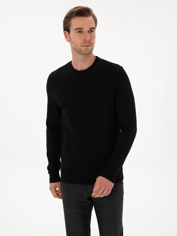 Siyah Slim Fit Yün Karışımlı Bisiklet Yaka Triko Kazak