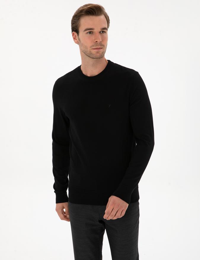 Siyah Slim Fit Yün Karışımlı Bisiklet Yaka Triko Kazak