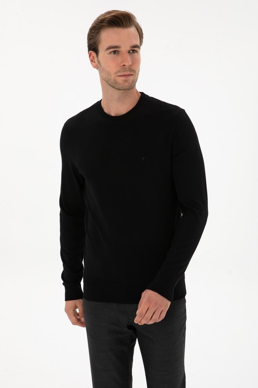 Siyah Slim Fit Yün Karışımlı Bisiklet Yaka Triko Kazak - 50311876019