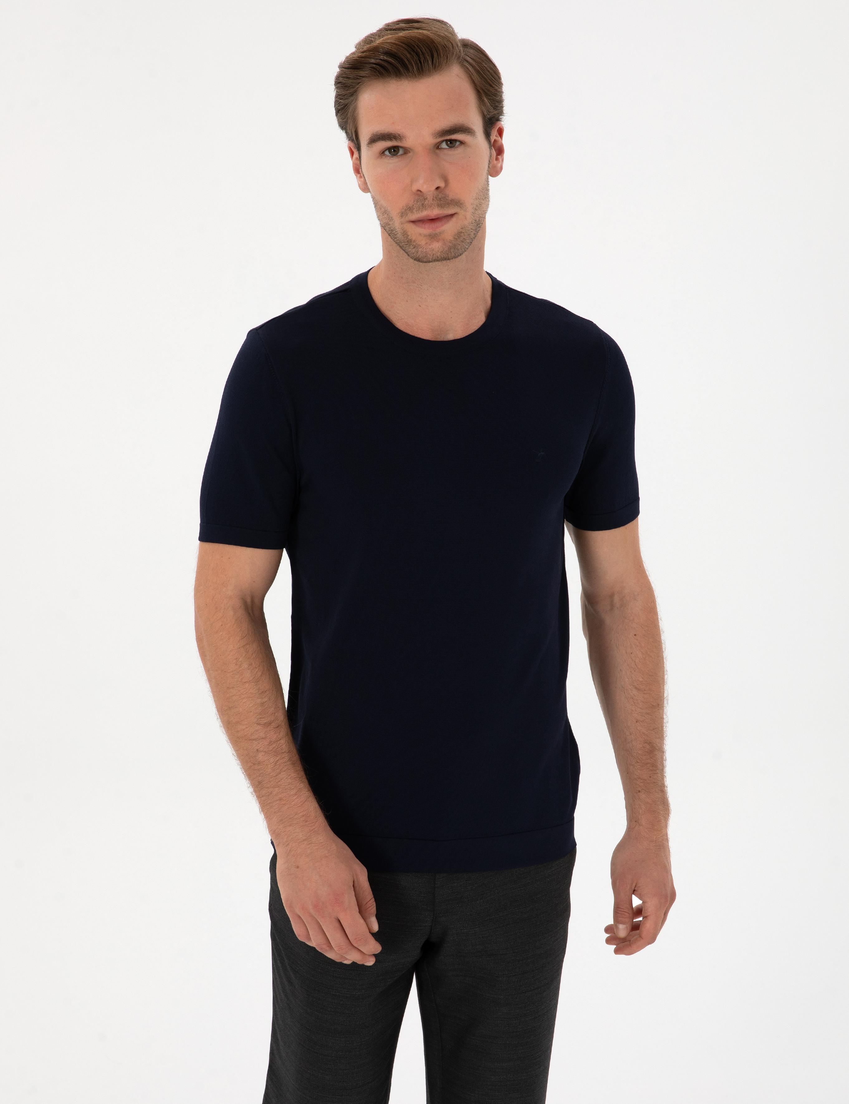 Lacivert Slim Fit Bisiklet Yaka Triko T-shirt - 50314608009