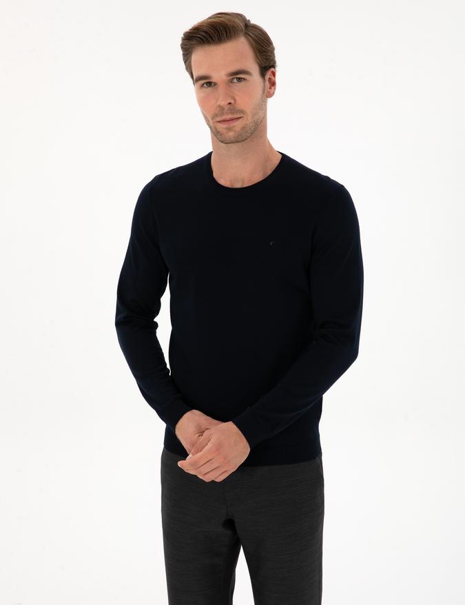 Lacivert Slim Fit Yün Karışımlı Bisiklet Yaka Basic Triko Kazak
