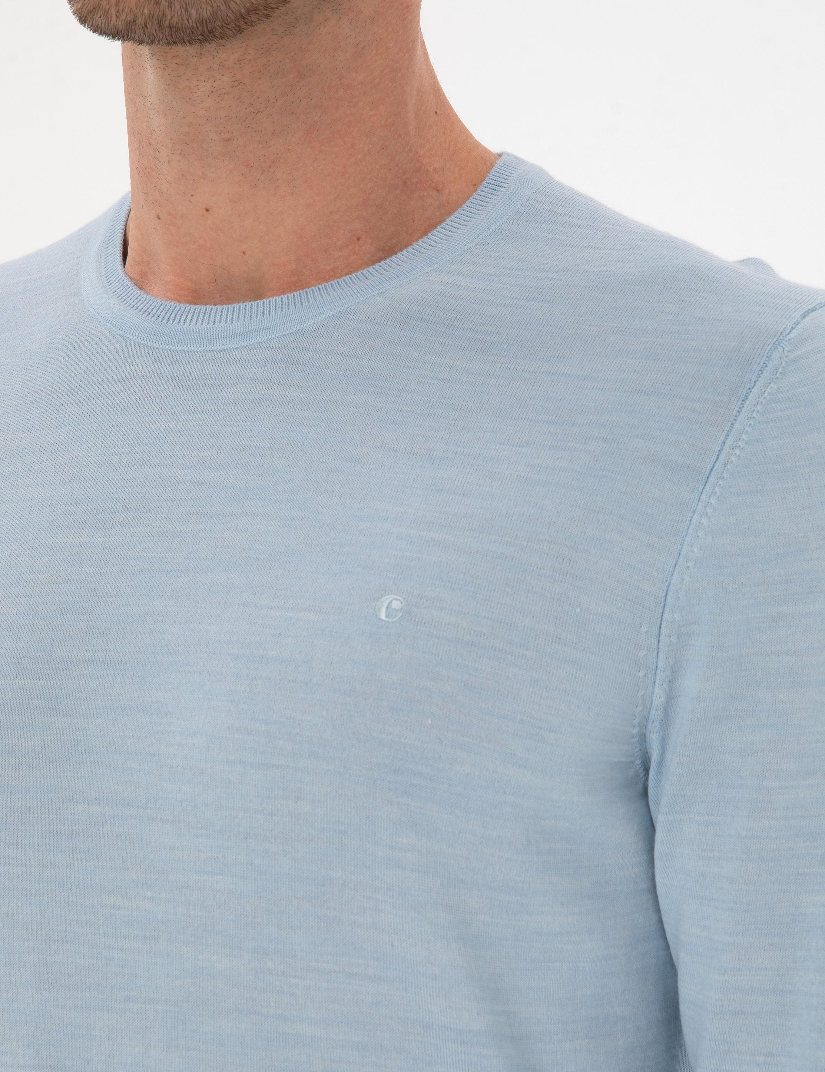 Açık Mavi Slim Fit Yün Karışımlı Bisiklet Yaka Basic Triko Kazak - 50315266011