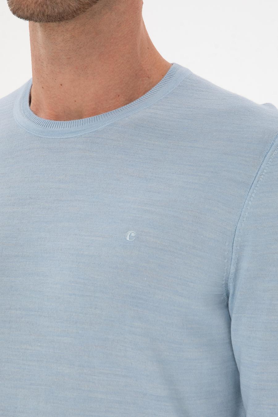 Açık Mavi Slim Fit Yün Karışımlı Bisiklet Yaka Basic Triko Kazak - 50315266011