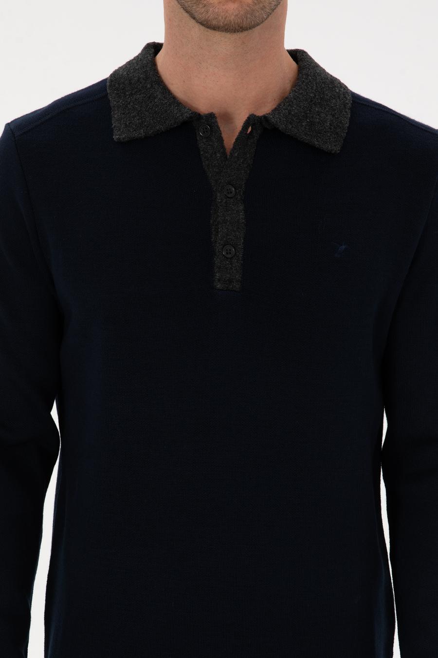 Lacivert Regular Fit Yün Karışımlı Polo Yaka Triko Kazak - 50310555025