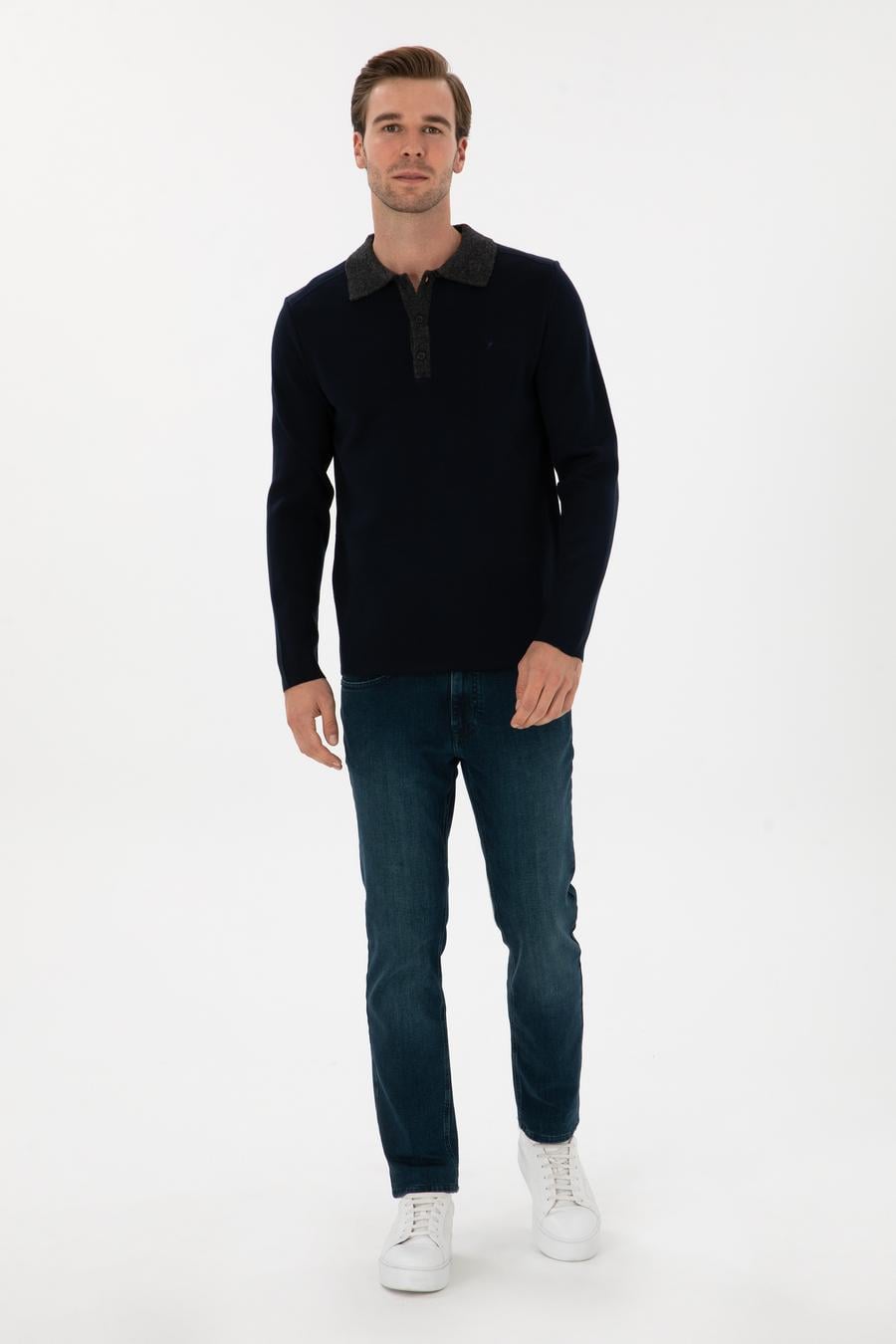 Lacivert Regular Fit Yün Karışımlı Polo Yaka Triko Kazak - 50310555025
