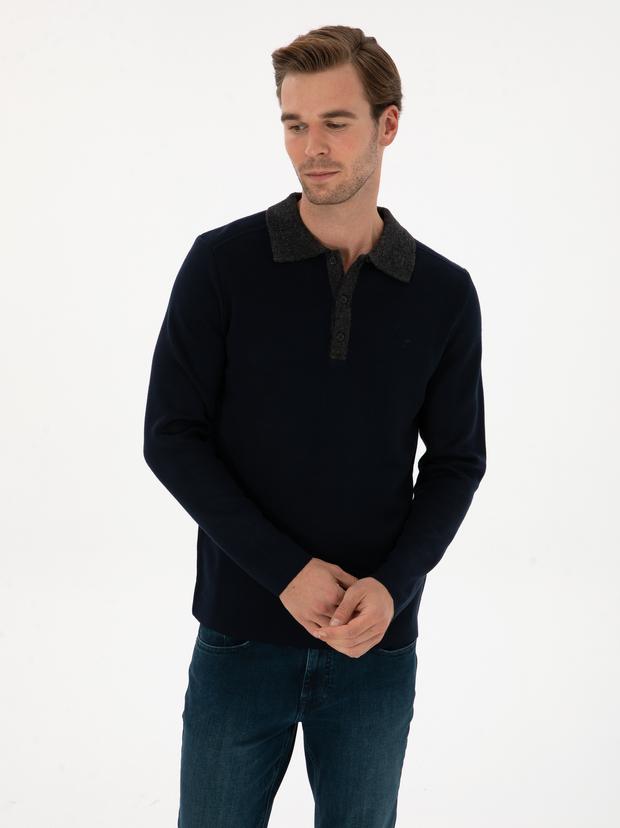 Lacivert Regular Fit Yün Karışımlı Polo Yaka Triko Kazak