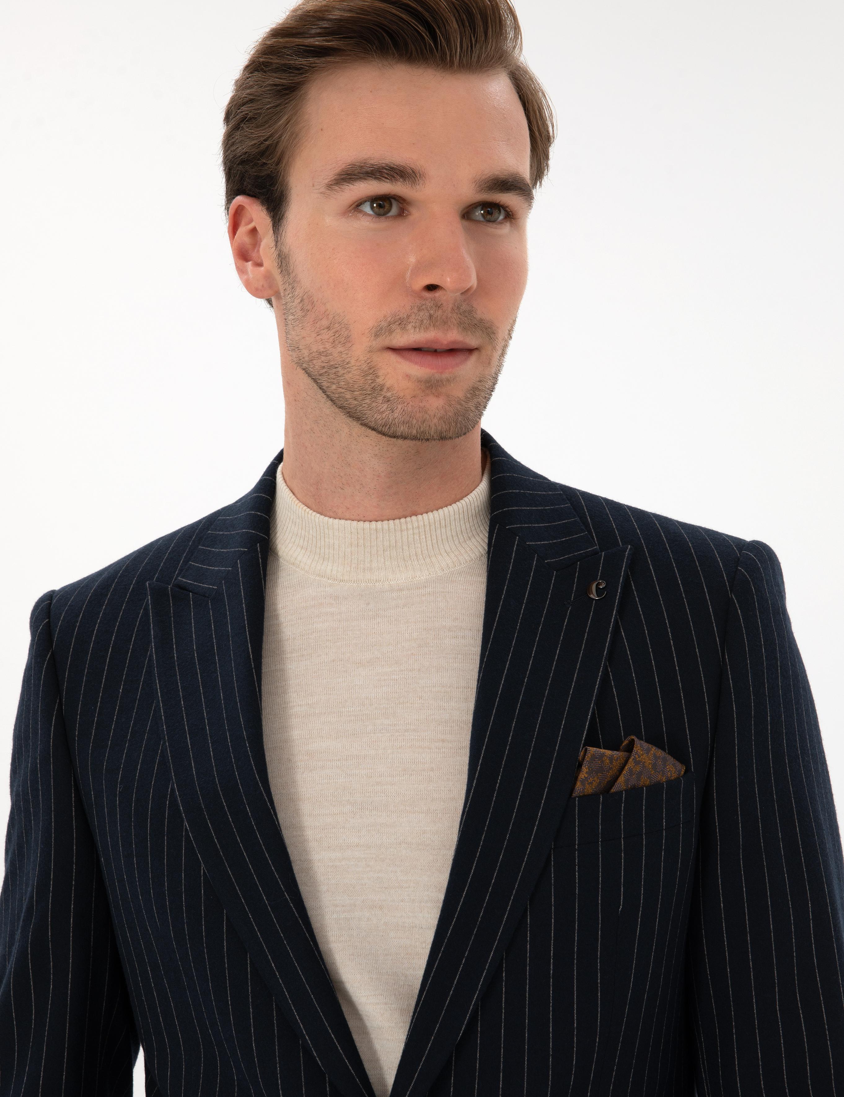 Lacivert Slim Fit Kırlangıç Yaka Çizgili Takım Elbise - 50311017074