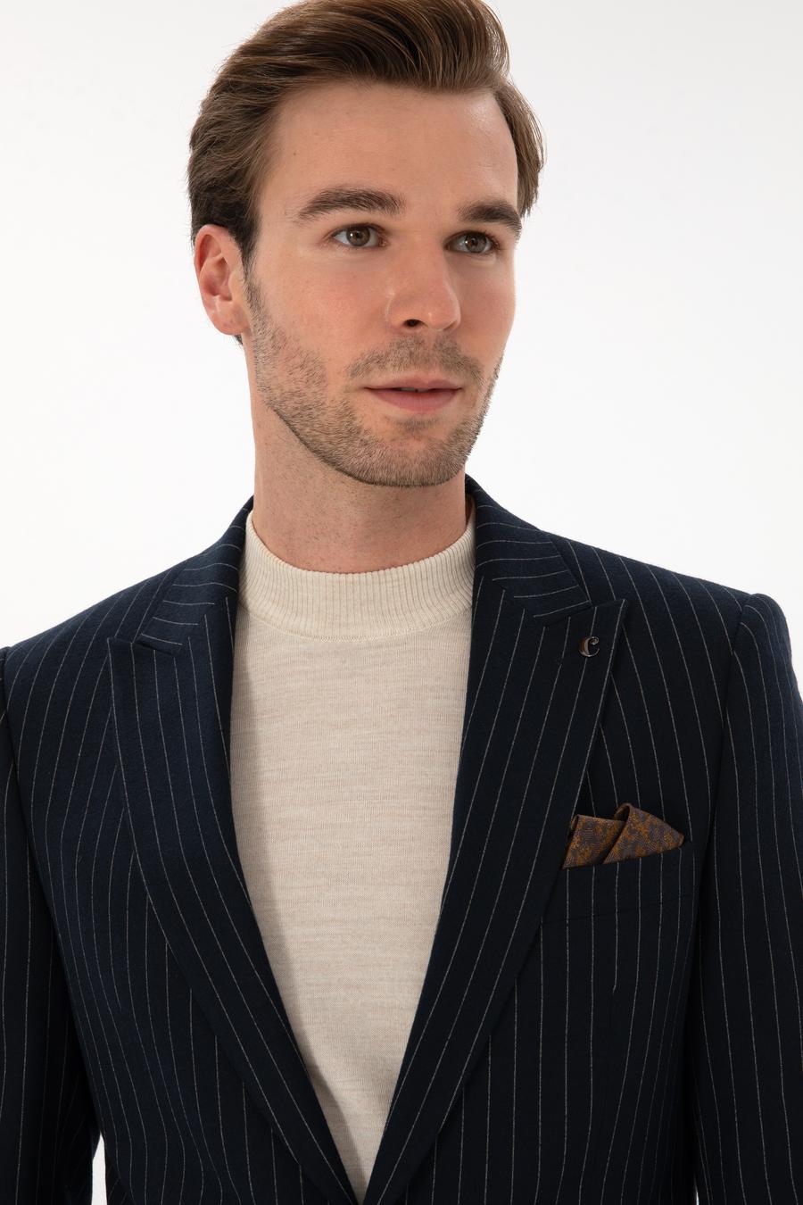 Lacivert Slim Fit Kırlangıç Yaka Çizgili Takım Elbise - 50311017074