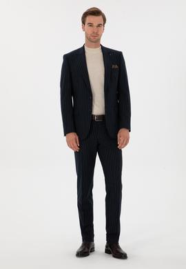 Lacivert Slim Fit Kırlangıç Yaka Çizgili Takım Elbise
