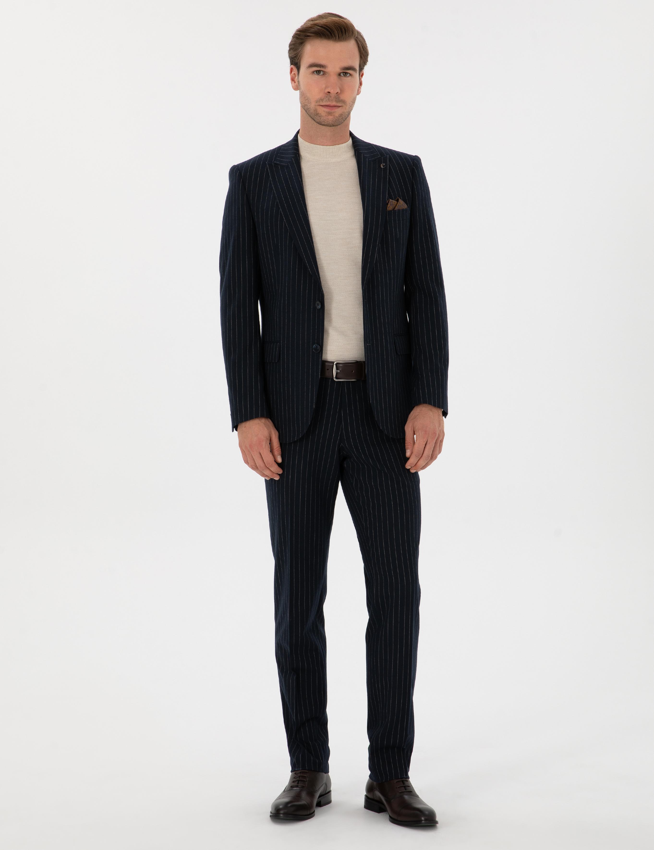 Lacivert Slim Fit Kırlangıç Yaka Çizgili Takım Elbise - 50311017074