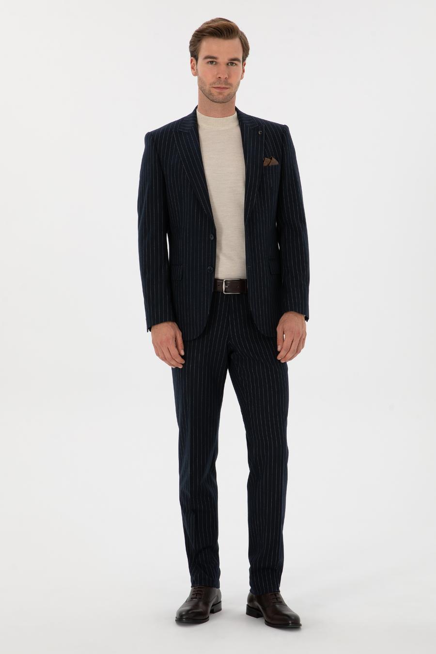 Lacivert Slim Fit Kırlangıç Yaka Çizgili Takım Elbise - 50311017074