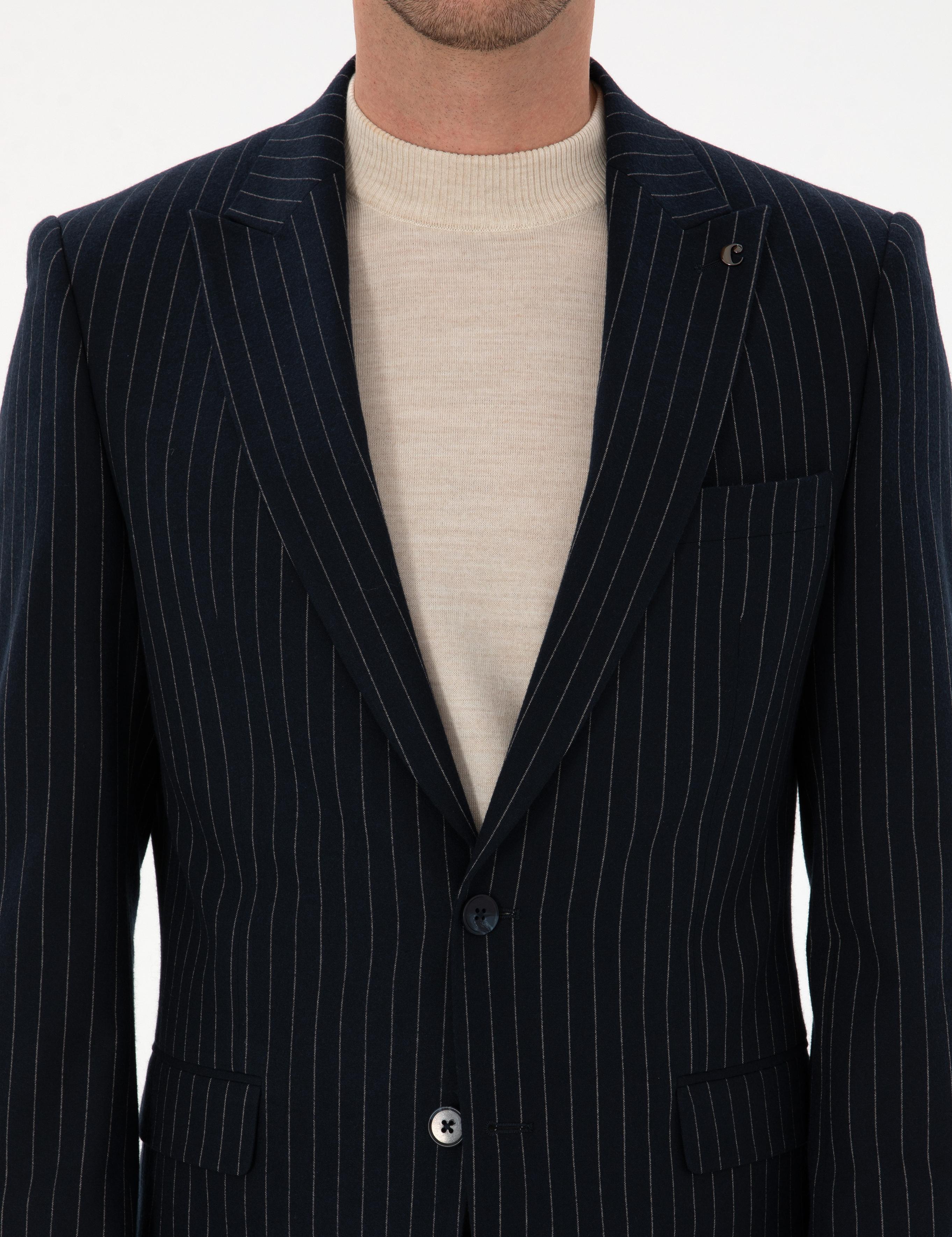 Lacivert Slim Fit Kırlangıç Yaka Çizgili Takım Elbise - 50311017074