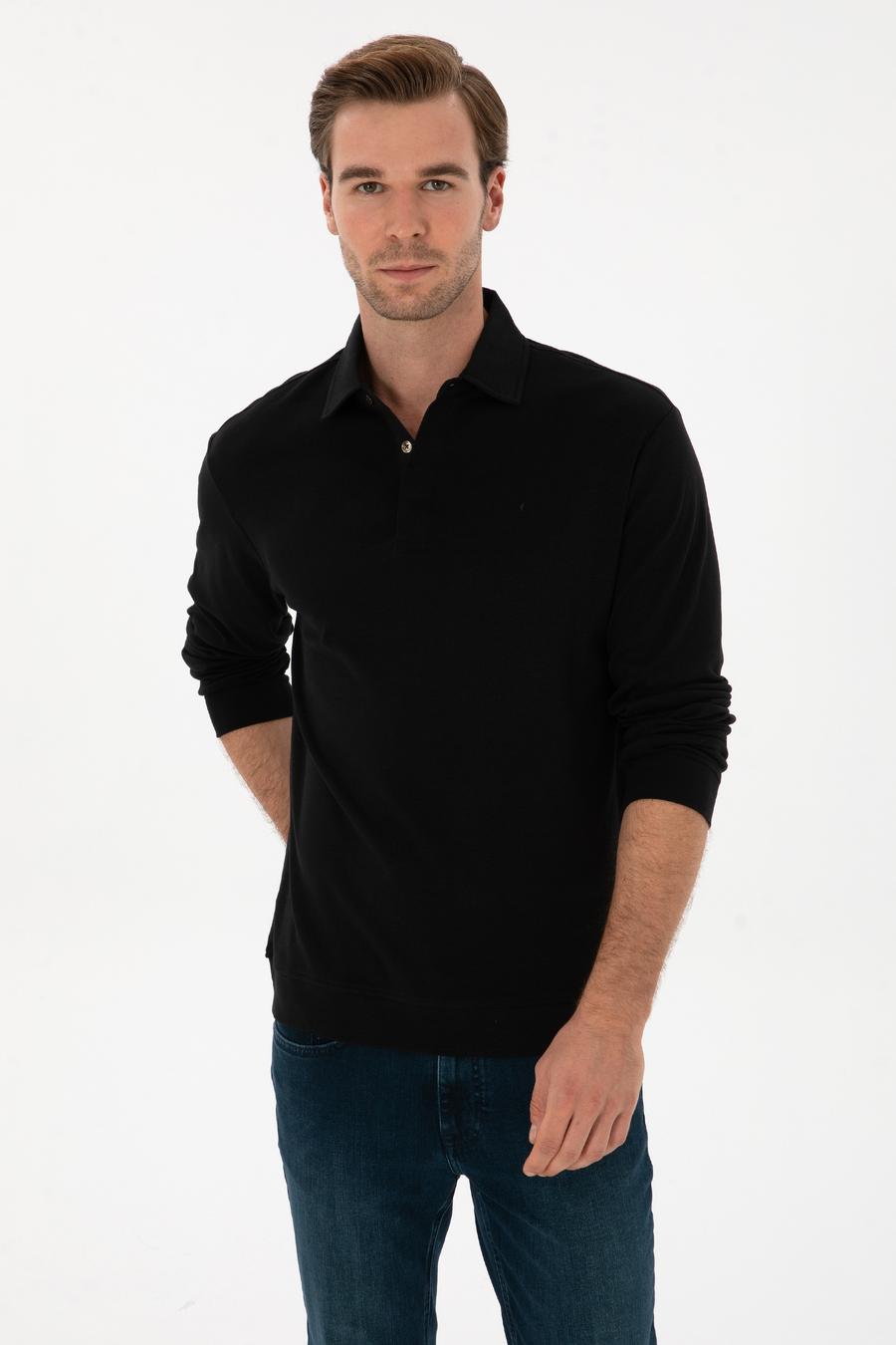Siyah Regular Fit Kaşmir Karışımlı Polo Yaka Sweatshirt - 50309794001