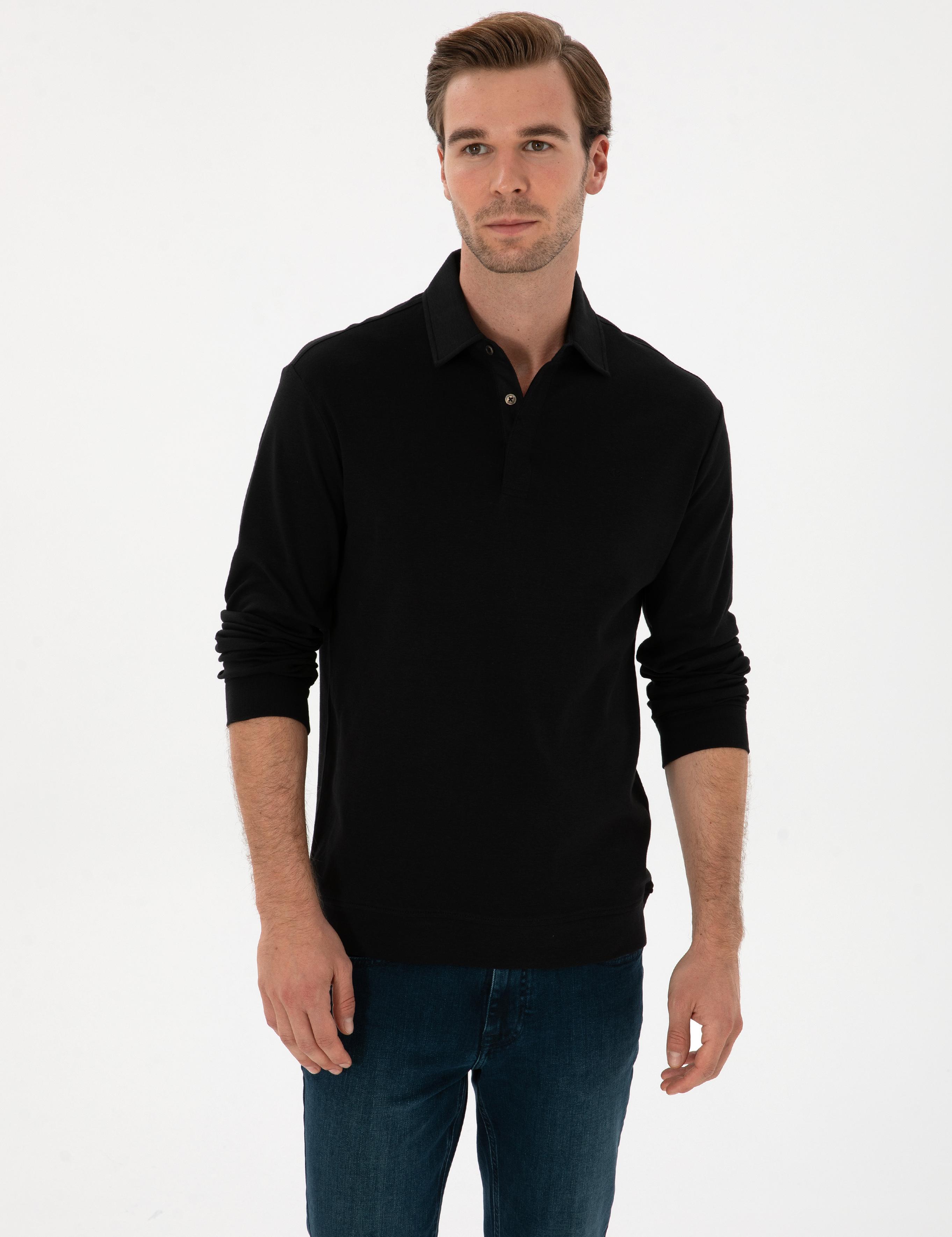 Siyah Regular Fit Kaşmir Karışımlı Polo Yaka Sweatshirt - 50309794001