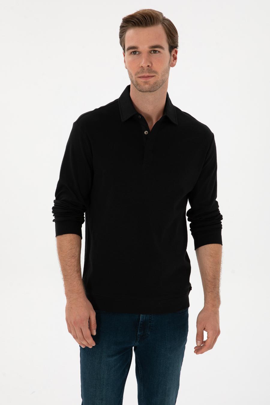 Siyah Regular Fit Kaşmir Karışımlı Polo Yaka Sweatshirt - 50309794001