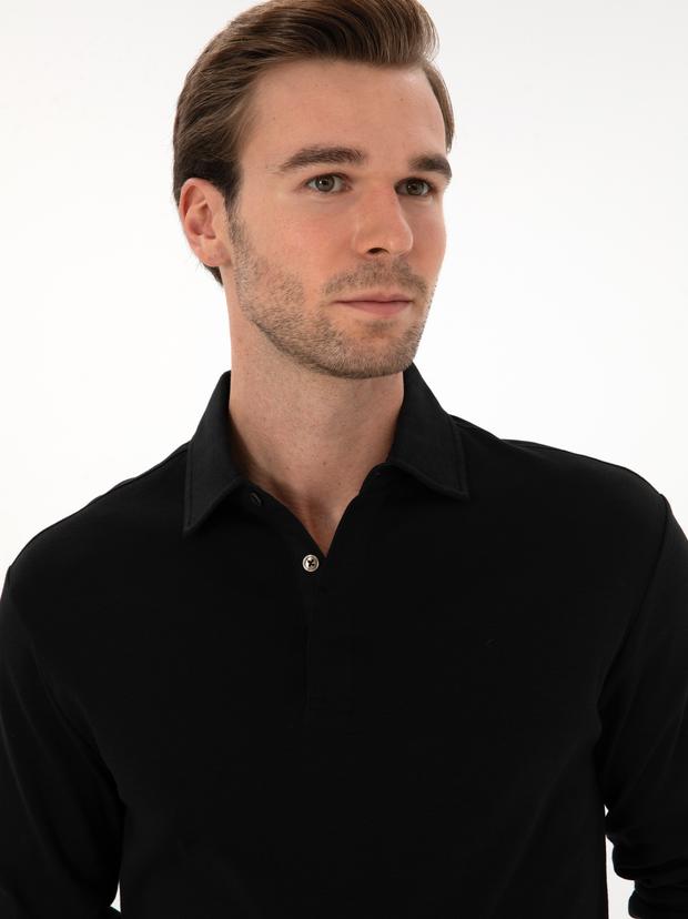 Siyah Regular Fit Kaşmir Karışımlı Polo Yaka Sweatshirt