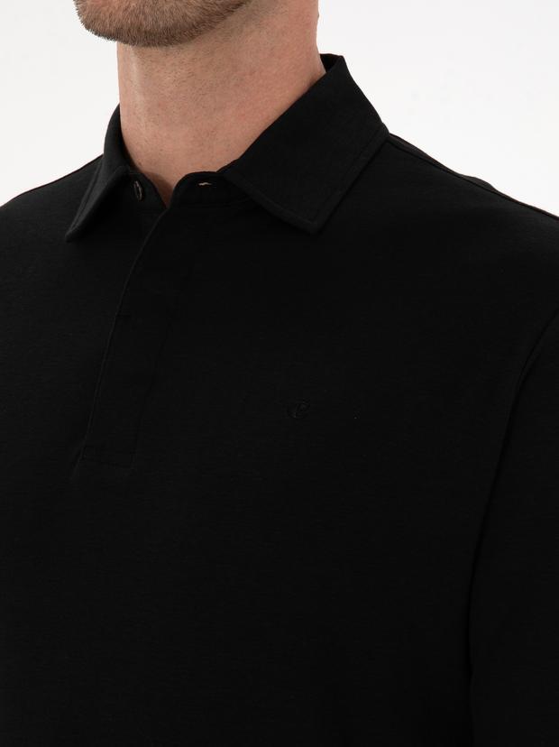 Siyah Regular Fit Kaşmir Karışımlı Polo Yaka Sweatshirt
