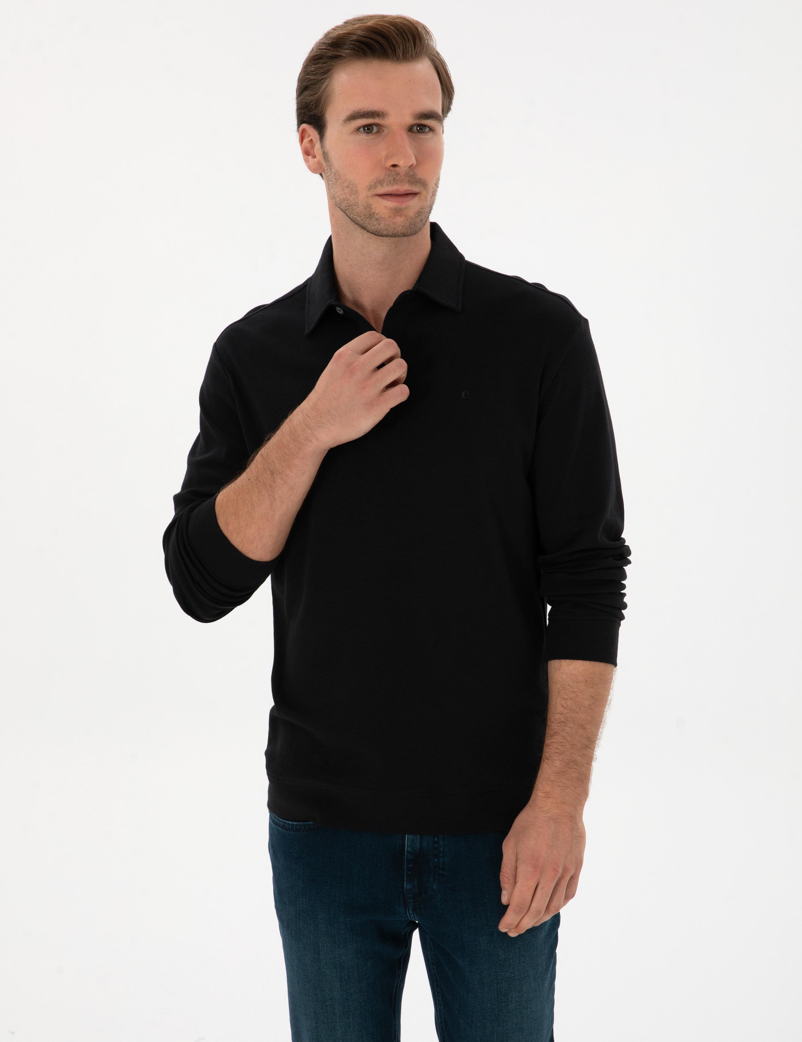 Lacivert Regular Fit Kaşmir Karışımlı Polo Yaka Sweatshirt - 50309794012
