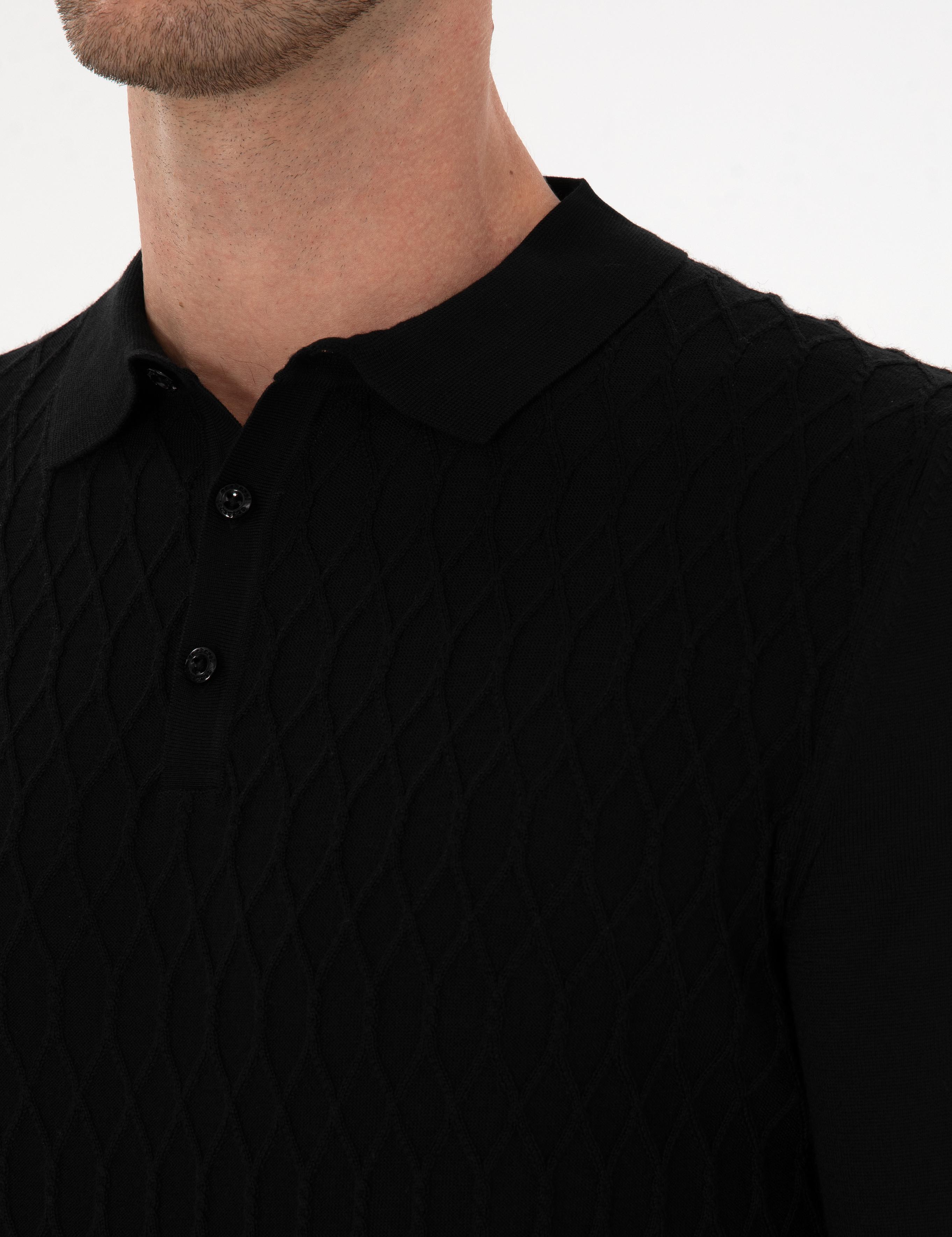 Siyah Slim Fit Yün Karışımlı Polo Yaka Triko Kazak - 50311890038