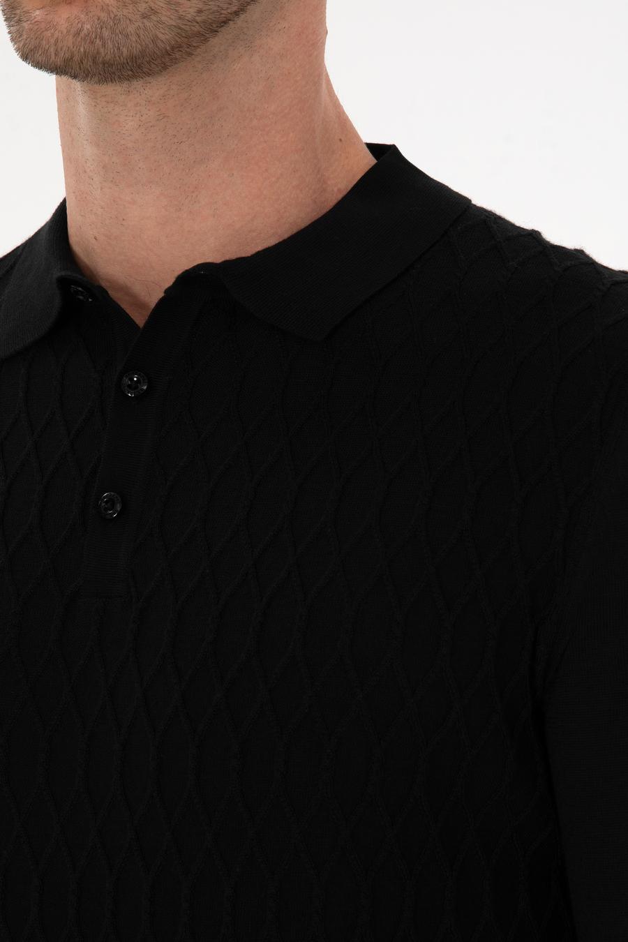 Siyah Slim Fit Yün Karışımlı Polo Yaka Triko Kazak - 50311890038