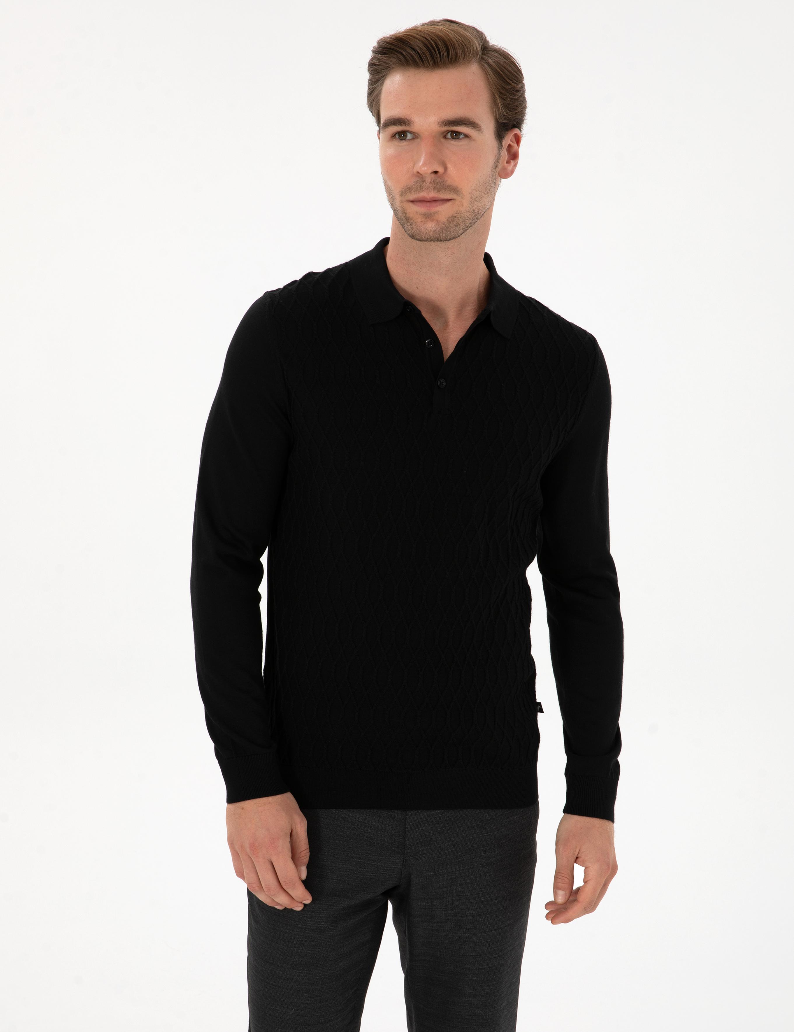 Siyah Slim Fit Yün Karışımlı Polo Yaka Triko Kazak - 50311890038