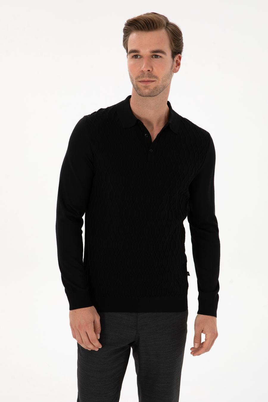 Siyah Slim Fit Yün Karışımlı Polo Yaka Triko Kazak - 50311890038