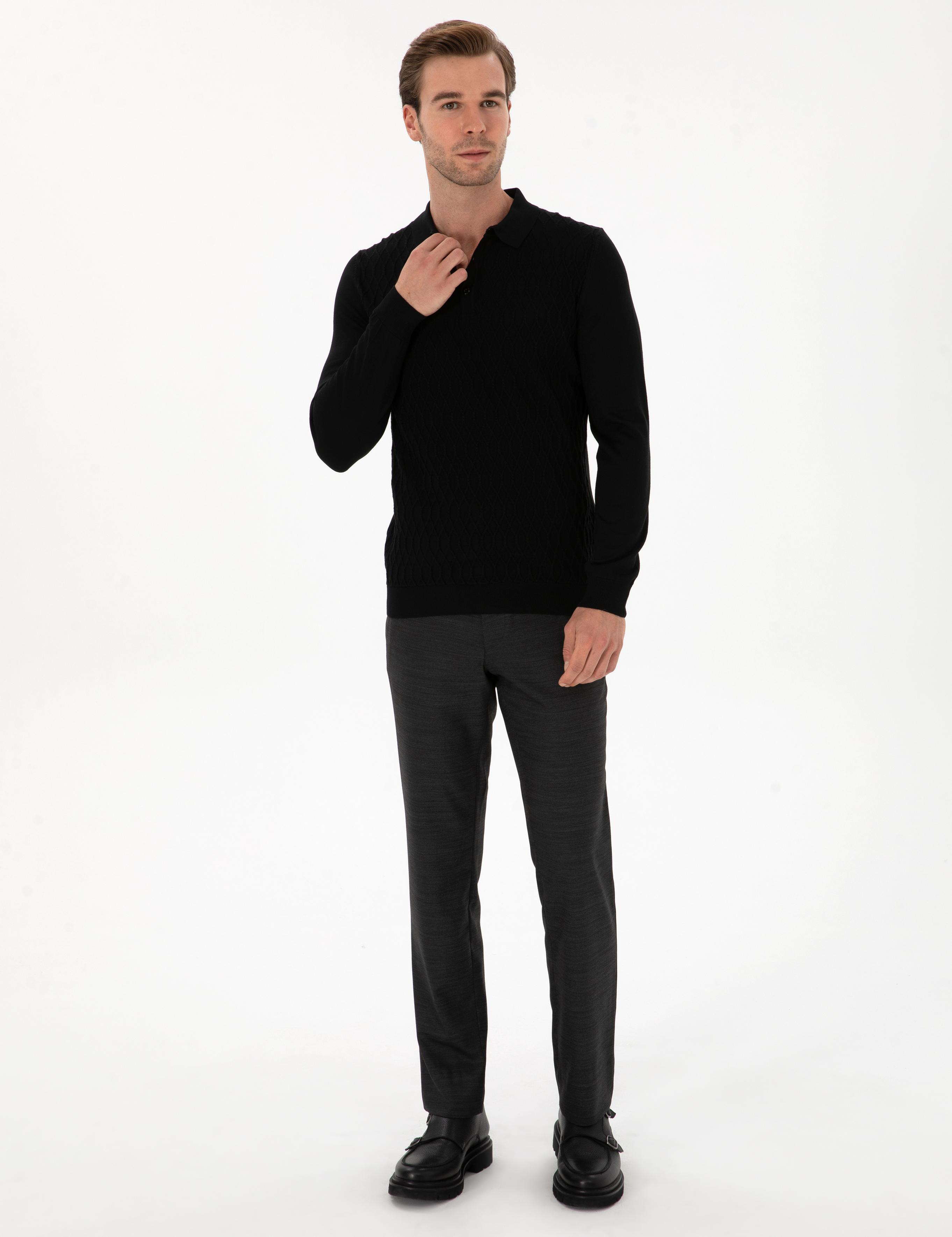 Siyah Slim Fit Yün Karışımlı Polo Yaka Triko Kazak - 50311890038