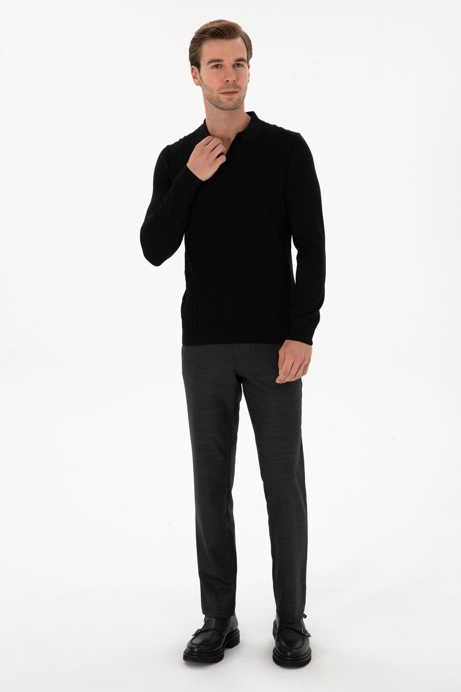 Siyah Slim Fit Yün Karışımlı Polo Yaka Triko Kazak - 50311890038