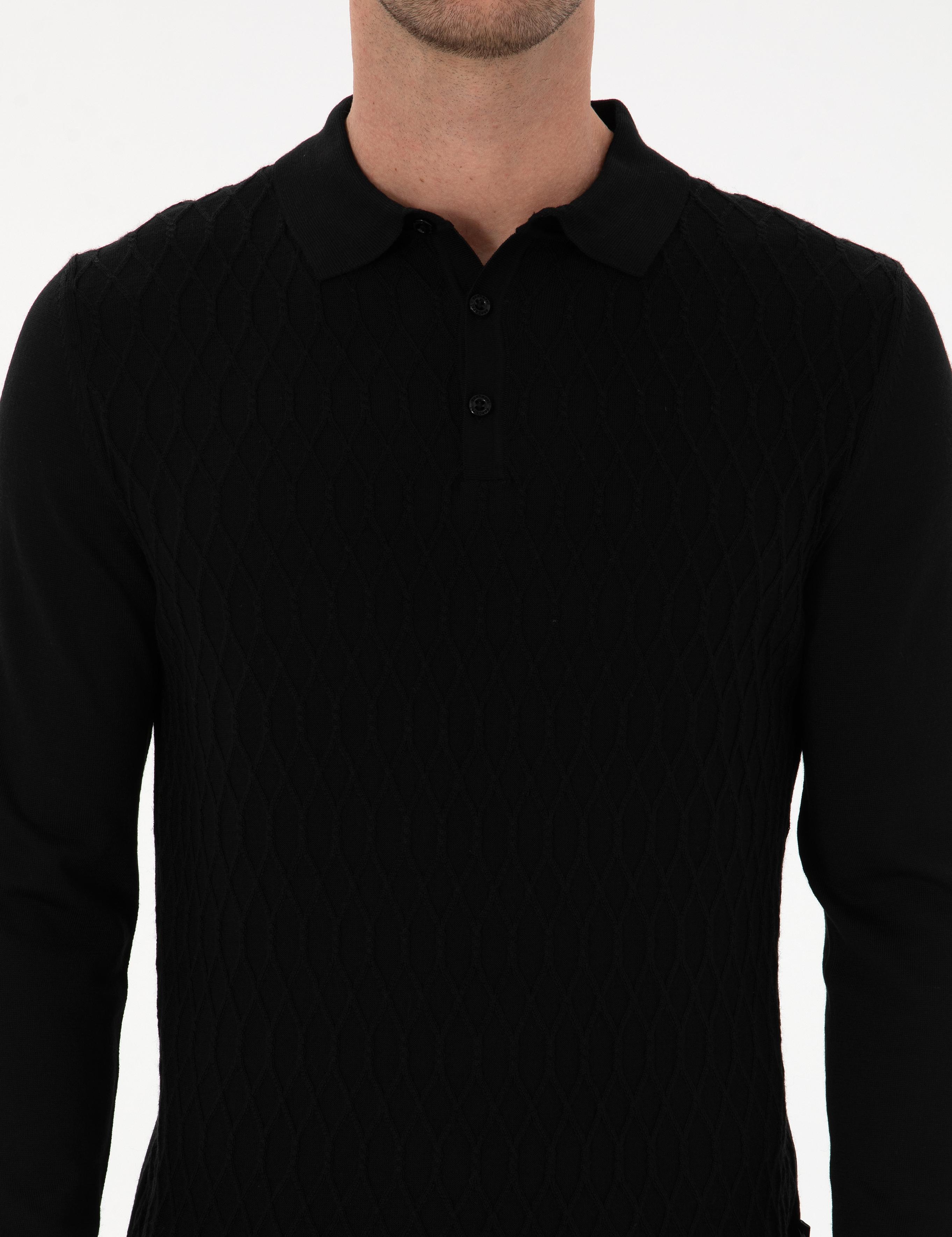 Siyah Slim Fit Yün Karışımlı Polo Yaka Triko Kazak - 50311890038