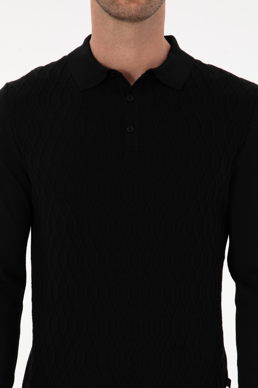 Siyah Slim Fit Yün Karışımlı Polo Yaka Triko Kazak - 50311890038