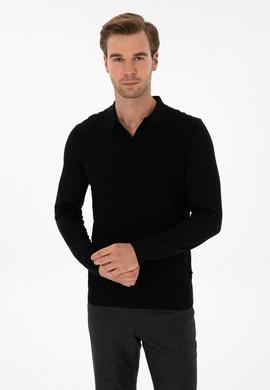 Siyah Slim Fit Yün Karışımlı Polo Yaka Triko Kazak