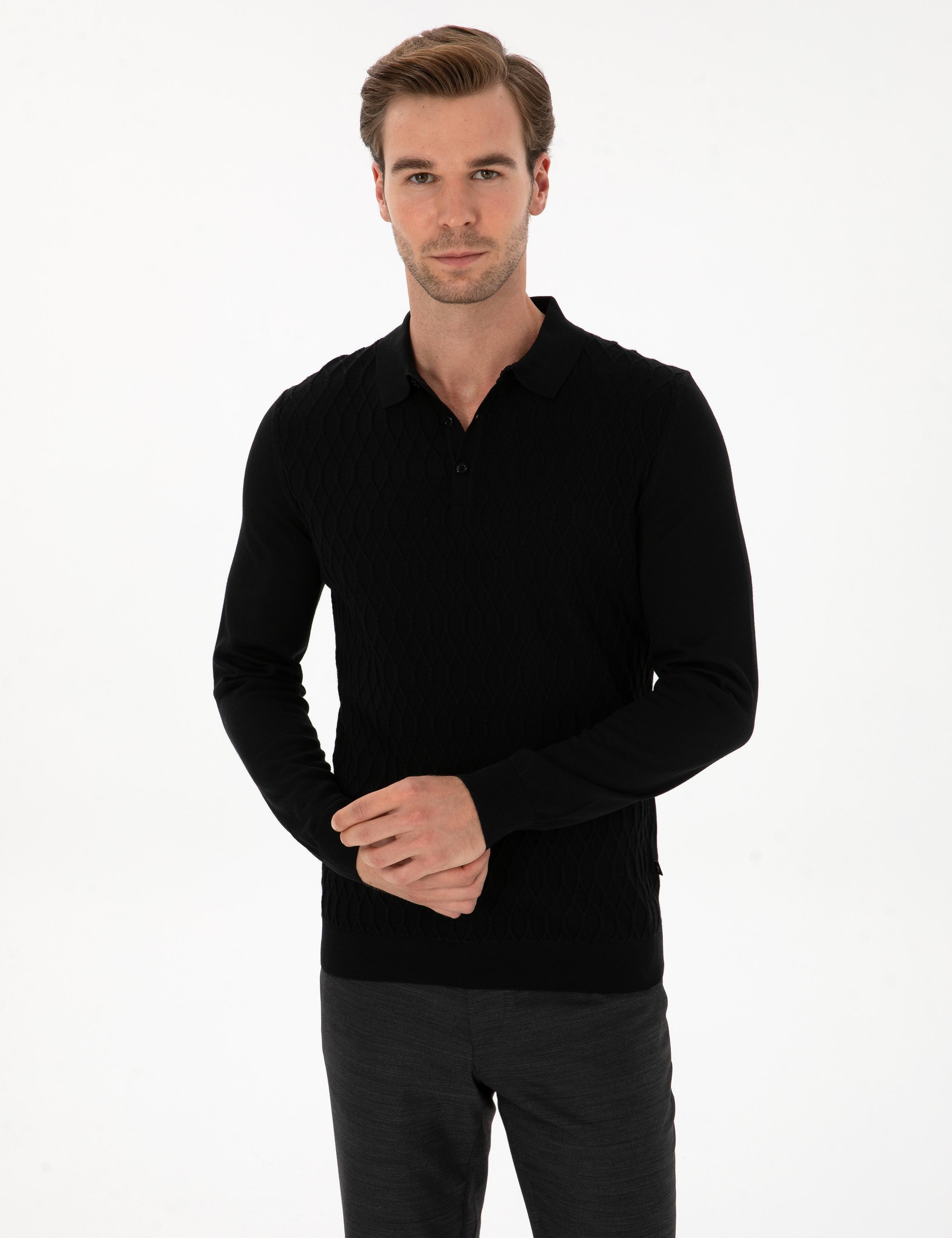 Siyah Slim Fit Yün Karışımlı Polo Yaka Triko Kazak - 50311890038