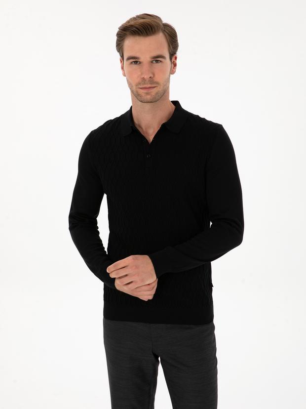 Siyah Slim Fit Yün Karışımlı Polo Yaka Triko Kazak