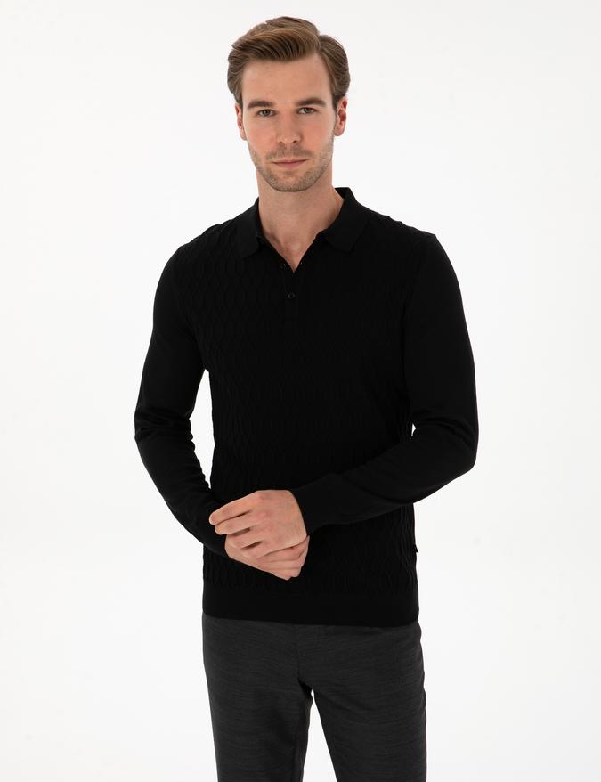 Siyah Slim Fit Yün Karışımlı Polo Yaka Triko Kazak