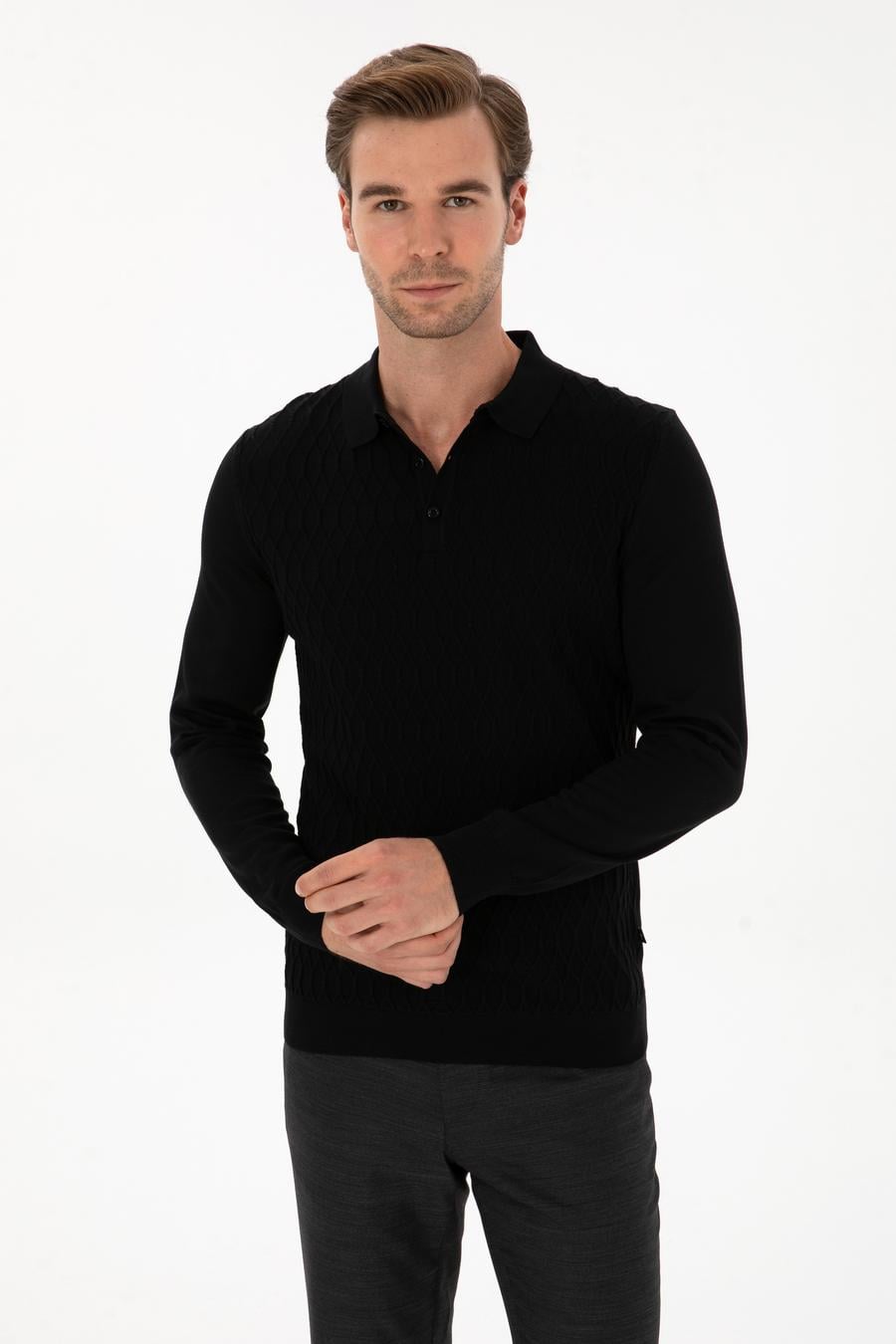 Siyah Slim Fit Yün Karışımlı Polo Yaka Triko Kazak - 50311890038