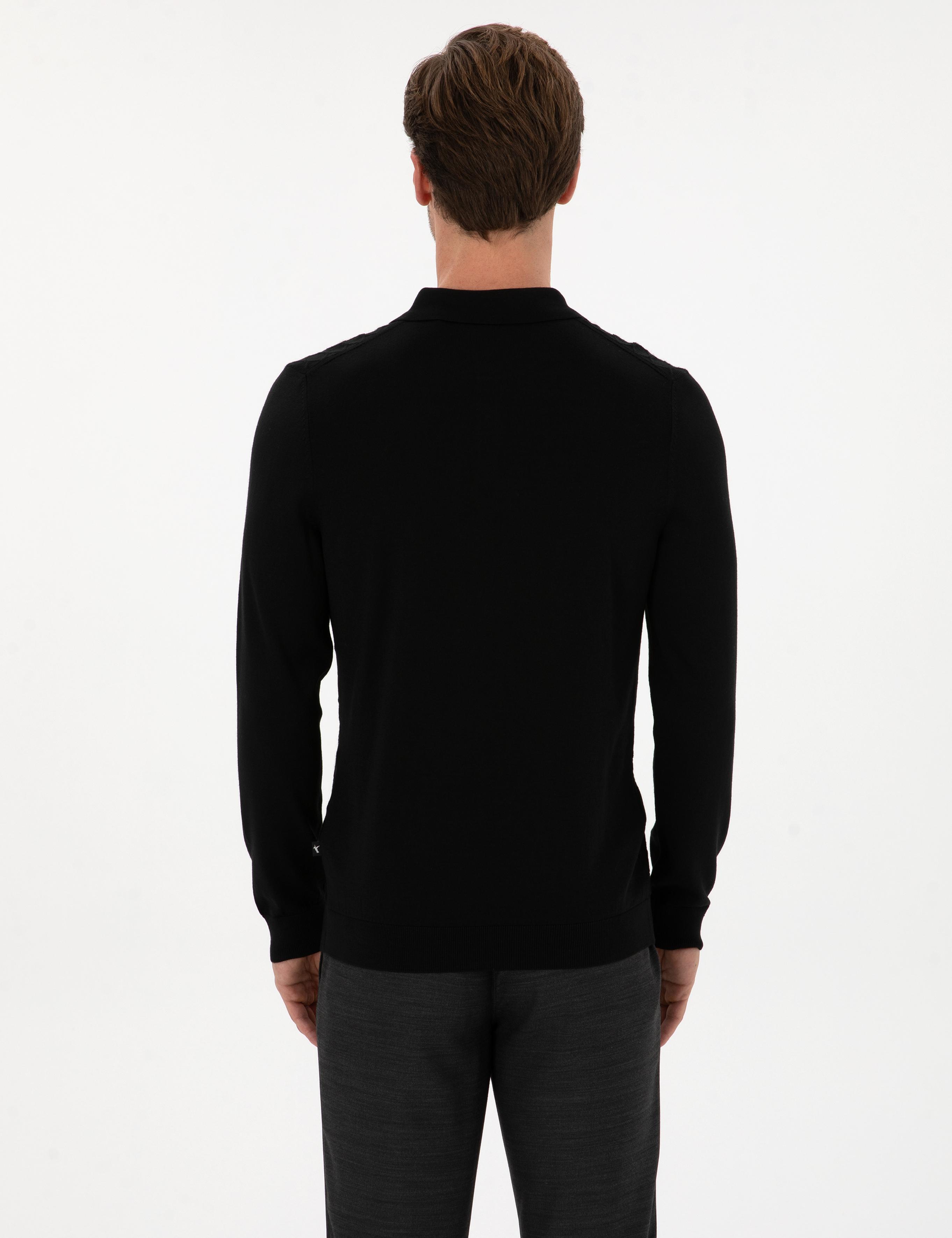 Siyah Slim Fit Yün Karışımlı Polo Yaka Triko Kazak - 50311890038