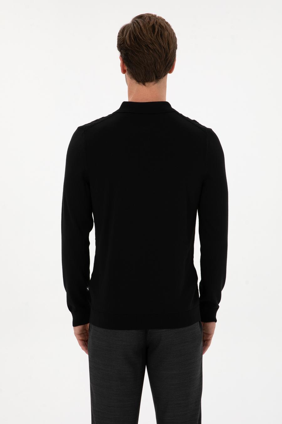 Siyah Slim Fit Yün Karışımlı Polo Yaka Triko Kazak - 50311890038