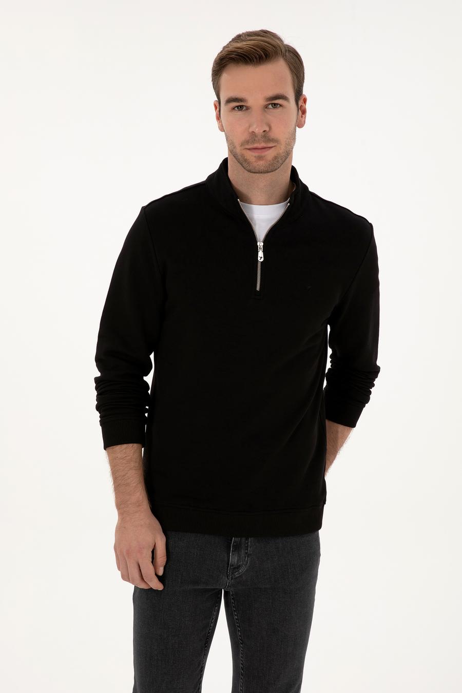 Siyah Regular Fit %100 Pamuk Yarım Fermuarlı Sweatshirt - 50318959013