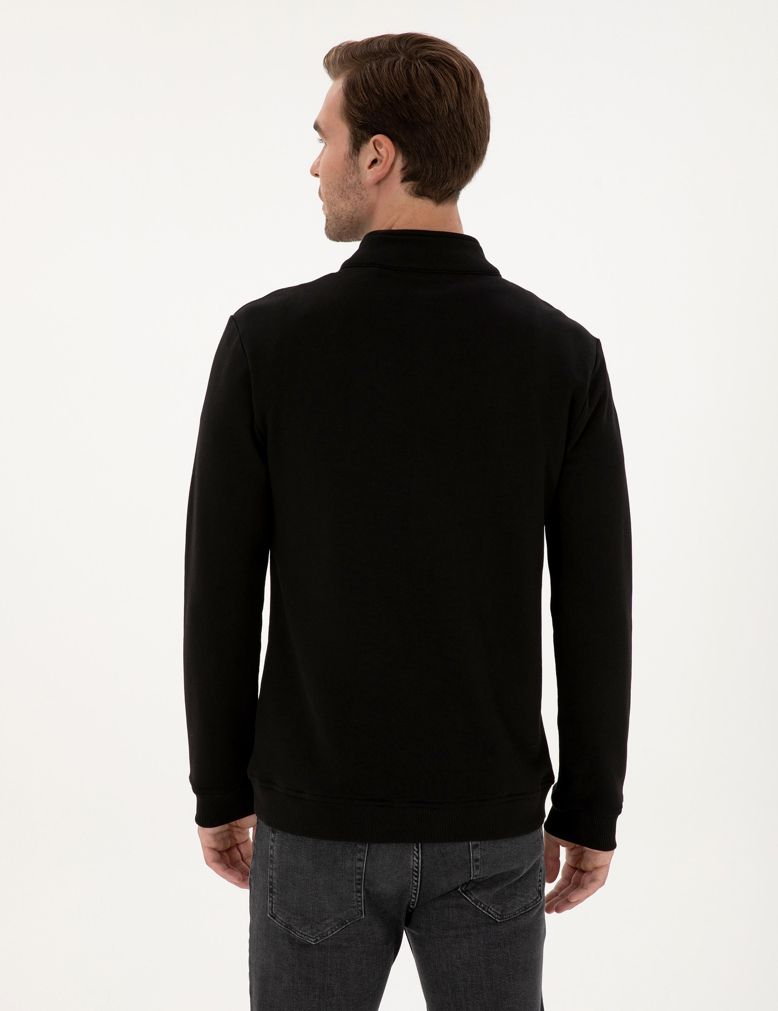 Siyah Regular Fit %100 Pamuk Yarım Fermuarlı Sweatshirt - 50318959013