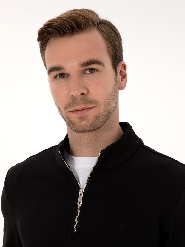 Siyah Regular Fit %100 Pamuk Yarım Fermuarlı Sweatshirt