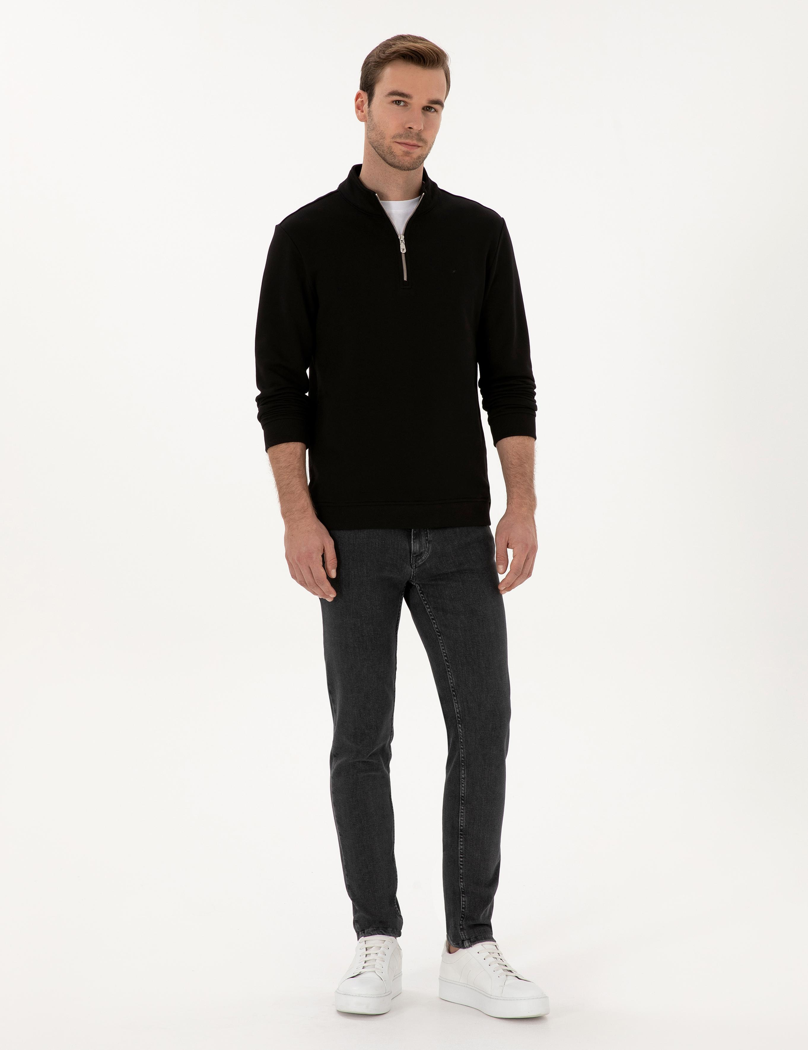 Siyah Regular Fit %100 Pamuk Yarım Fermuarlı Sweatshirt - 50318959013